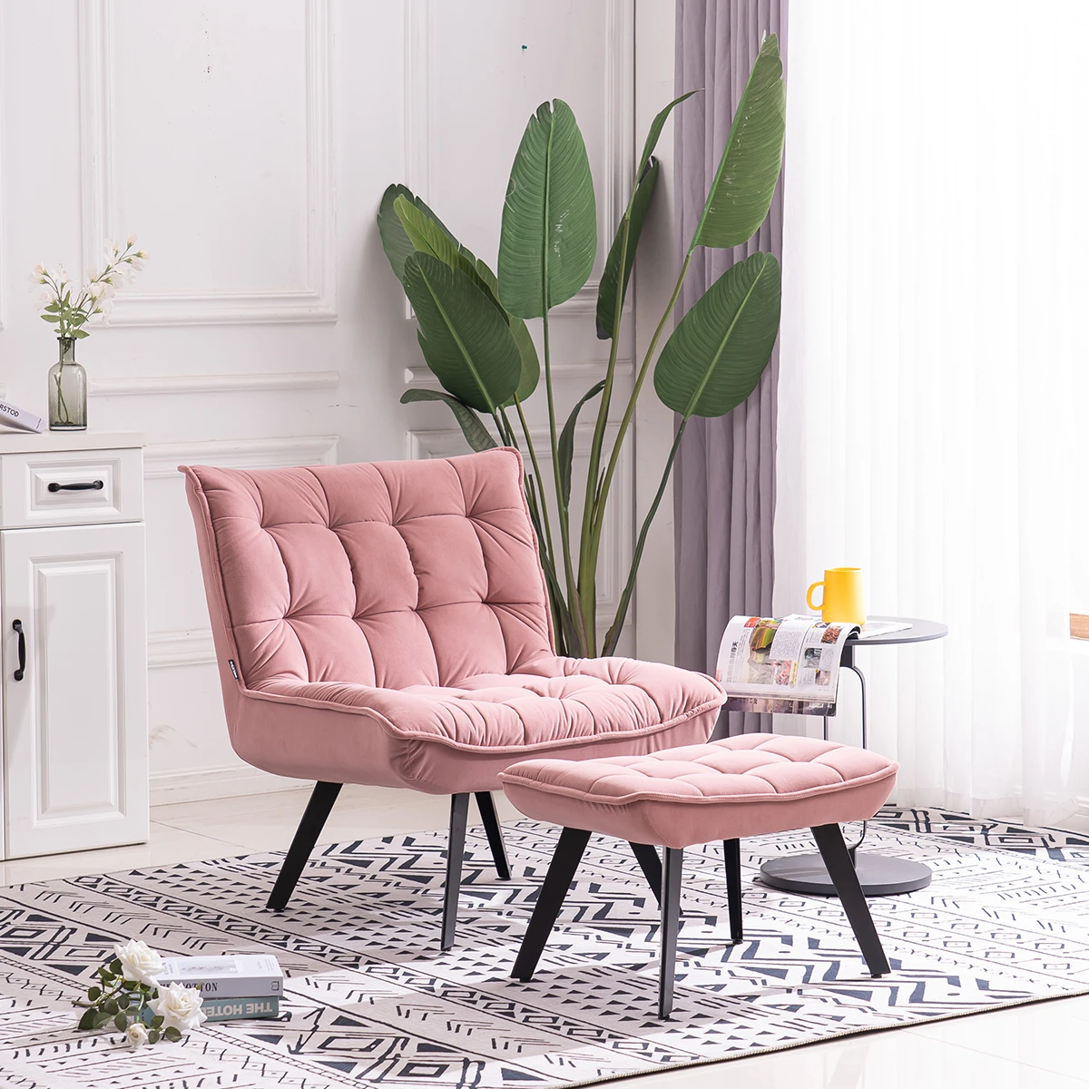 

Modern Widen Accent Chair Leisure Chair TV Chair Bedroom Chair With Ottoman Pink/White/Yellow Soft Velvet Material Black Legs