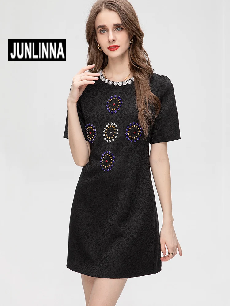 

JUNLINNA Runway Dress Women Summer Above-knee Vestidos A O-Neck Short Sleeve Beading Fashion Party Street Wear