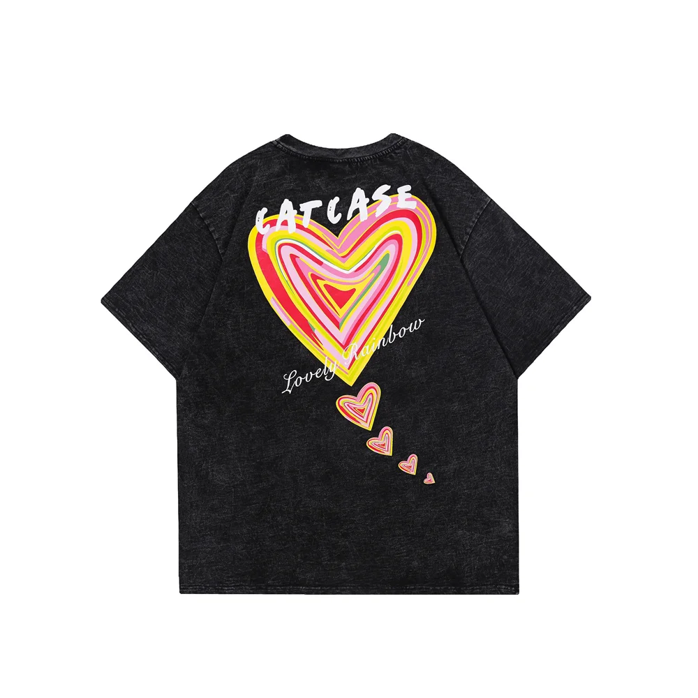 

Rainbow Love Pattern Letter Print Washed Retro Tees for Men Summer Streetwear Casual Baggy Tshirts Short Sleeve Oversized Top