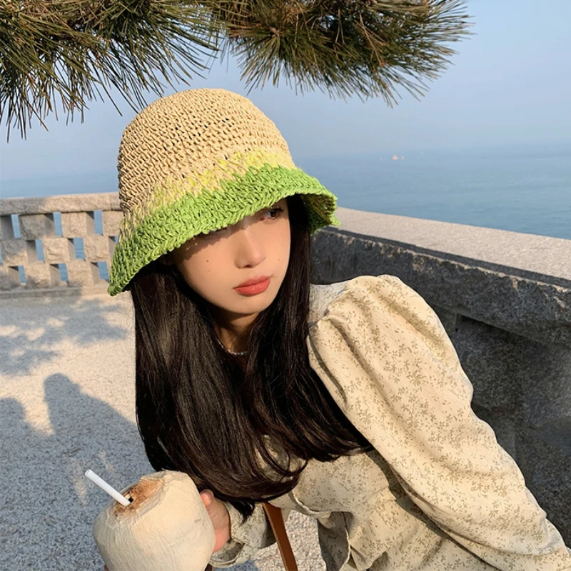 

2022 New Women's Bucket Hat Cap Female Summer Braided Straw Hat Fishing Hat Elegant for Women Beach Straw Hats