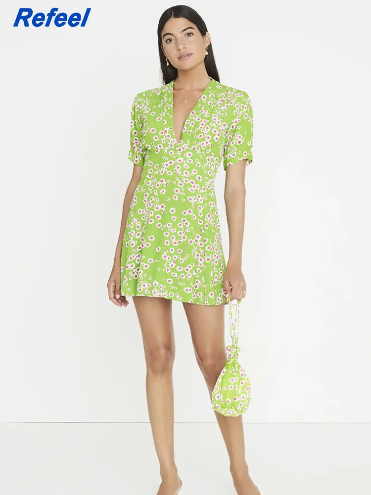 

Мини-платье женское с цветочным принтом, свободное праздничное вечернее короткое платье на пуговицах, с боковой молнией, с v-образным вырезо...