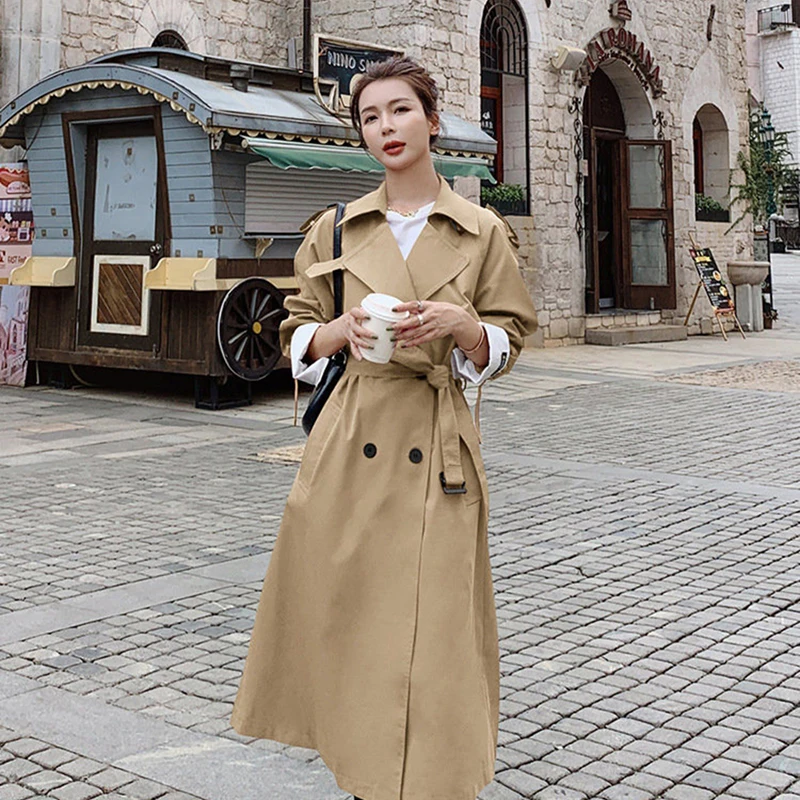 

Women's Mid-Length Double-Breasted Trench Coat Spring Autumn British Style Retro Waistband Temperament Casual Jacket Trend OO55