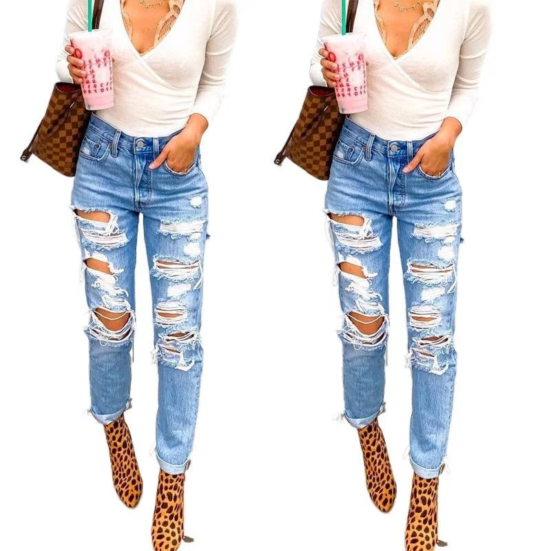 

Summer Jeans Woman Slim Hole Jeans For Ladies With Five-Pointed Star Ripped Jeans Street Casual Blue Denim Pants jeans vintage