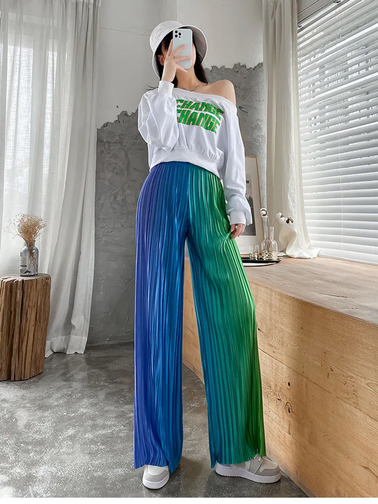 

Женские Летние Брюки Корейская версия радужные градиентные Шелковые Тонкие свободные прямые брюки D3649