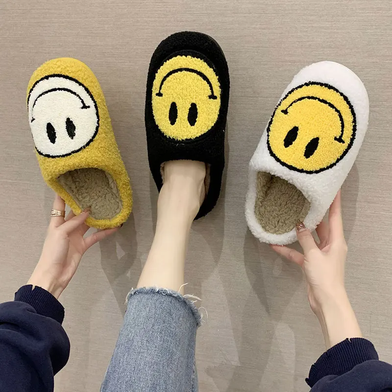 

Autumn Winter Women Fluffy Fur Slippers Big Smile Floor Slipper Short Plush Fleece Flat for Couple Shoes Lady Indoor Slippers