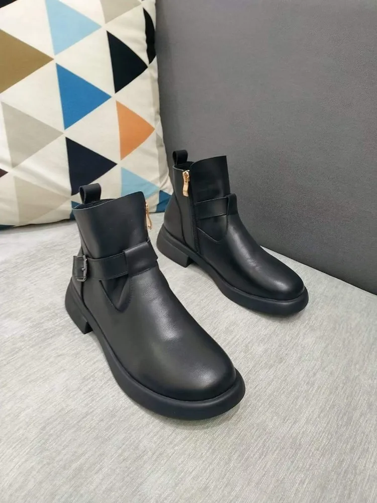 Autumn and Winter New Leather Buckle Short Boots Side Zipper Round Head Low Heel Comfortable Casual Women's Boots