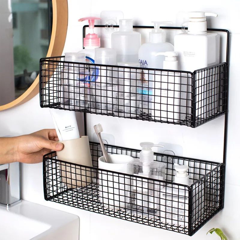 

Black Wall-mounted Bathroom Shelf Shower Shampoo Rack Toilet Accessories Kitchen Free Punch Condiment Storage Basket