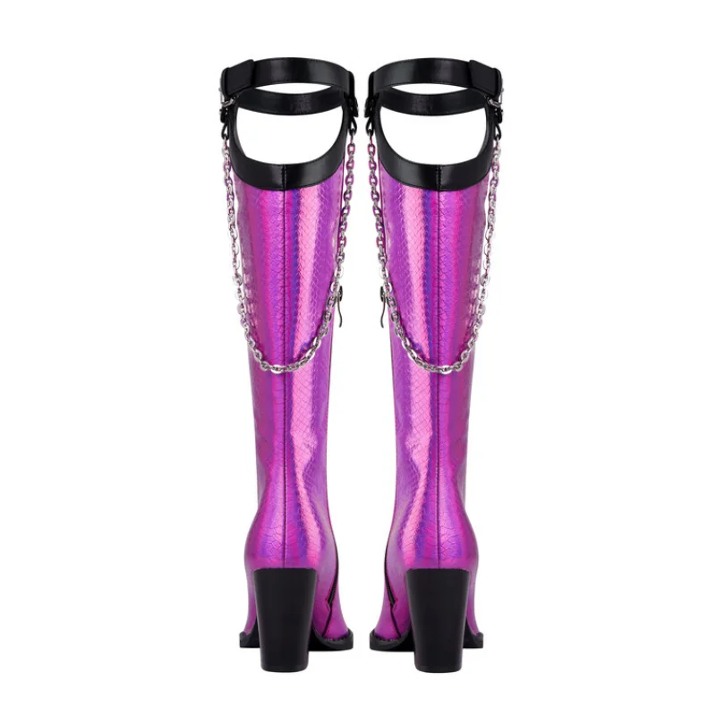 2023 New Sharp Head Color Combination High Wedge High Heel Chain Belt Buckle Sexy Fashion Boots Women M6135