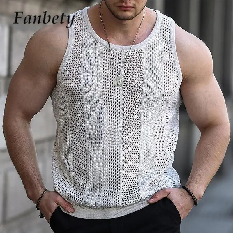 

Men's Hollow Out Knitted Pullover Sexy Solid See Through Mesh Summer Vest Tops Fashion O Neck Sleeveless Casual Streetwear Men
