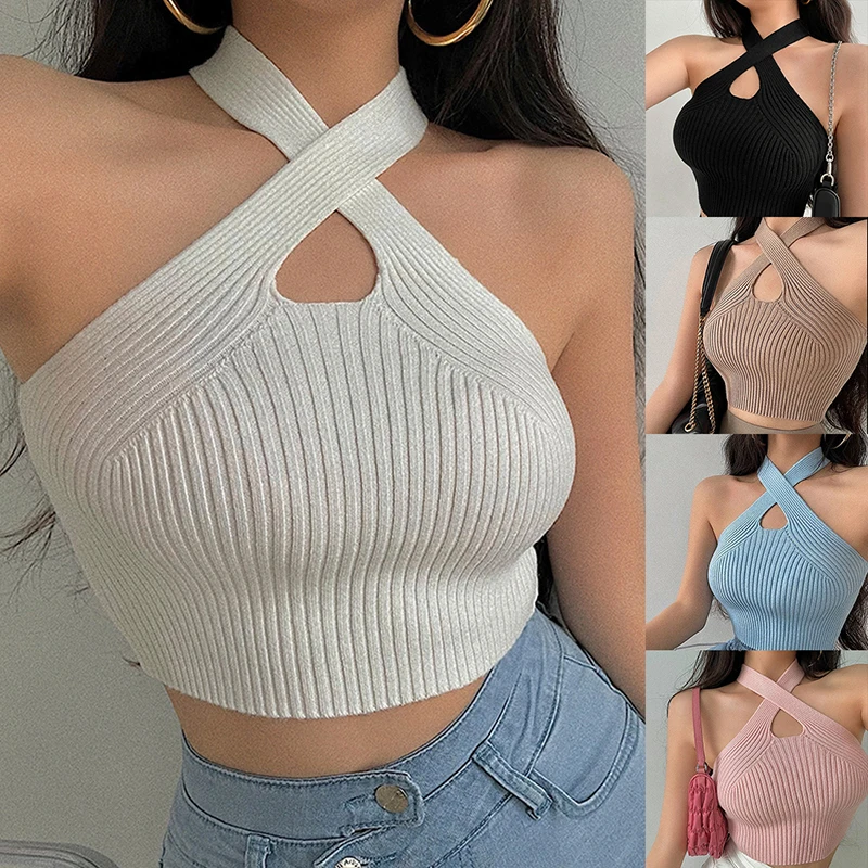 

Women Halter Tops Female Knitted Off Shoulder Crop Tops Sexy Tank Y2K Tops For Women 2022 Knitted Strappy Streetwear Tops Vest
