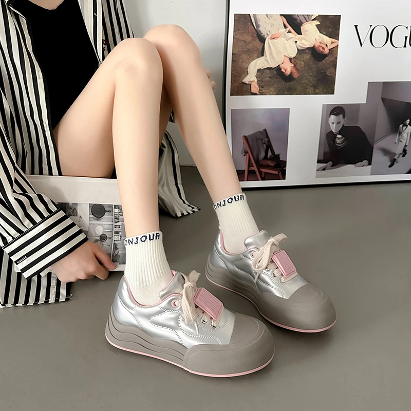 

CRLAYDK 2023 New Designer Women's Leather Shoes Platform Casual Walking Lace Up Sneakers for Students Sports Comfortable Tennis