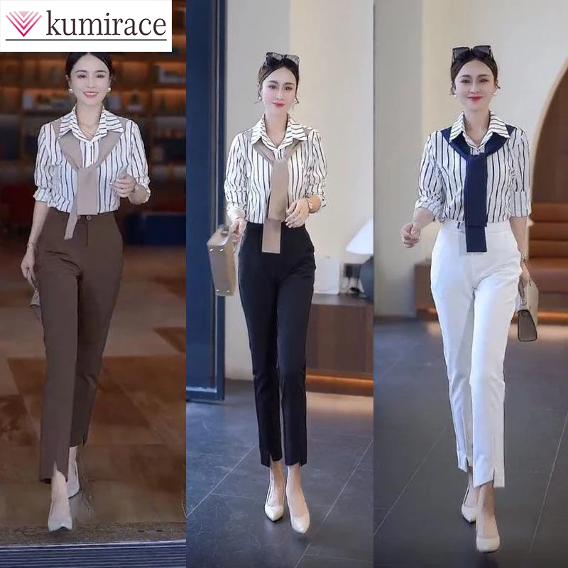 2023 Spring Fashion Suit Women's New Vertical Polo Collar Shirt Capris Two-piece Elegant Women's Trousers Set Y2k Two Piece Set