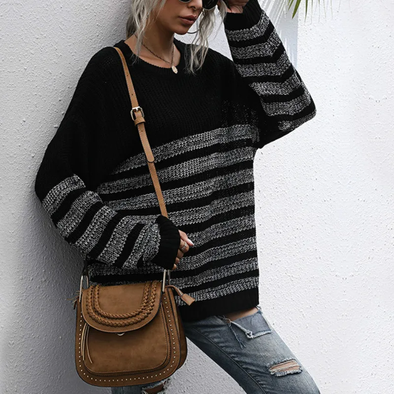 

Loose Color Block Sweater 2022 Autumn and Winter Women's Knitted Pullover O-neck Long Pullover Women's Clothing