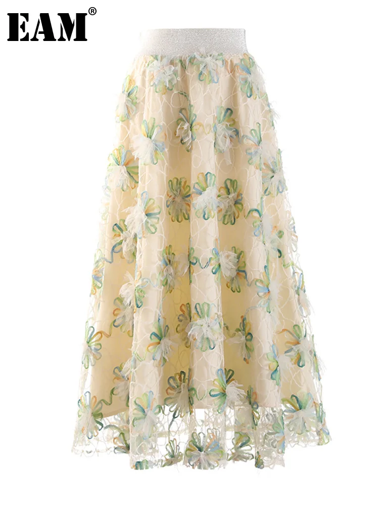 

[EAM] High Elastic Waist Apricot Long Mesh Flower Elegant Half-body Skirt Women Fashion Tide New Spring Autumn 2022 1DE7869