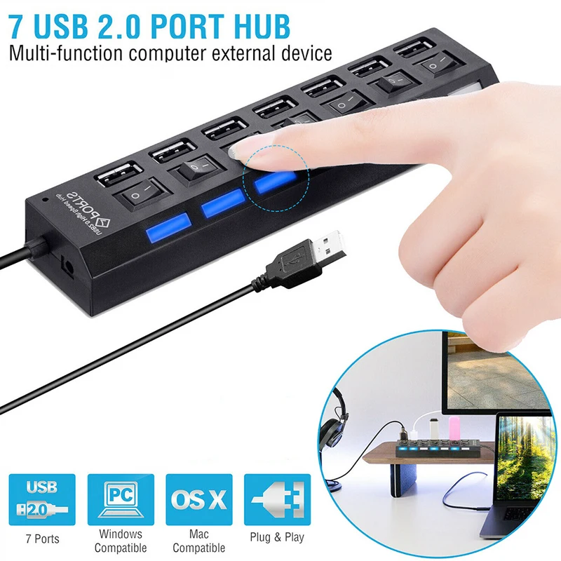 

USB 2.0 Hub 4/7 Ports Multi USB Splitter Hub Use Power Adapter Multiple Expander USB Hub with Switch For PC Laptop USB Hab 2.0