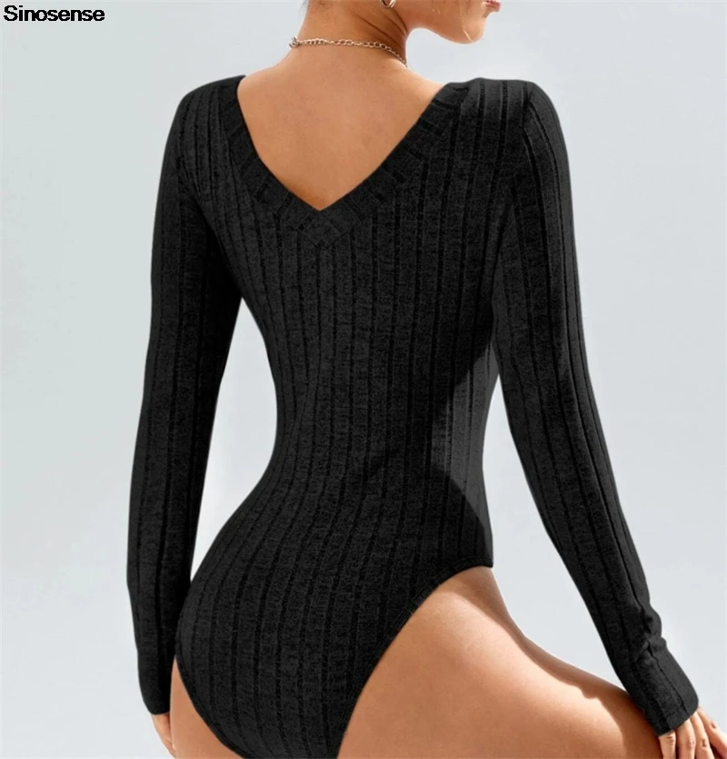 Женское боди с глубоким V-образным вырезом и длинными рукавами трикотажные