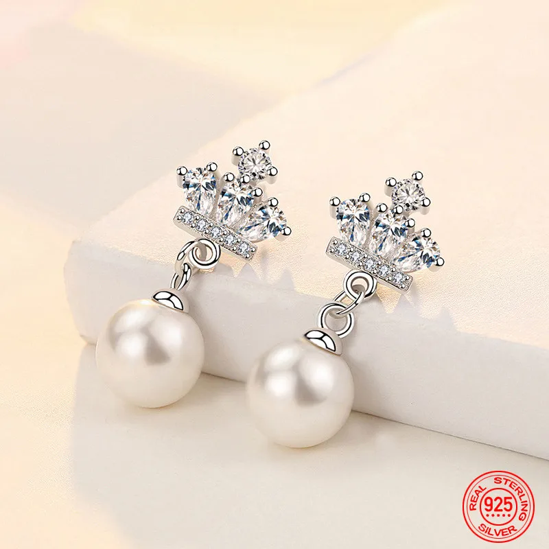 

925 Sterling Silver Crown Zircon Pearl Dangle Earrings For Women Charm Wedding Jewelry Accessories