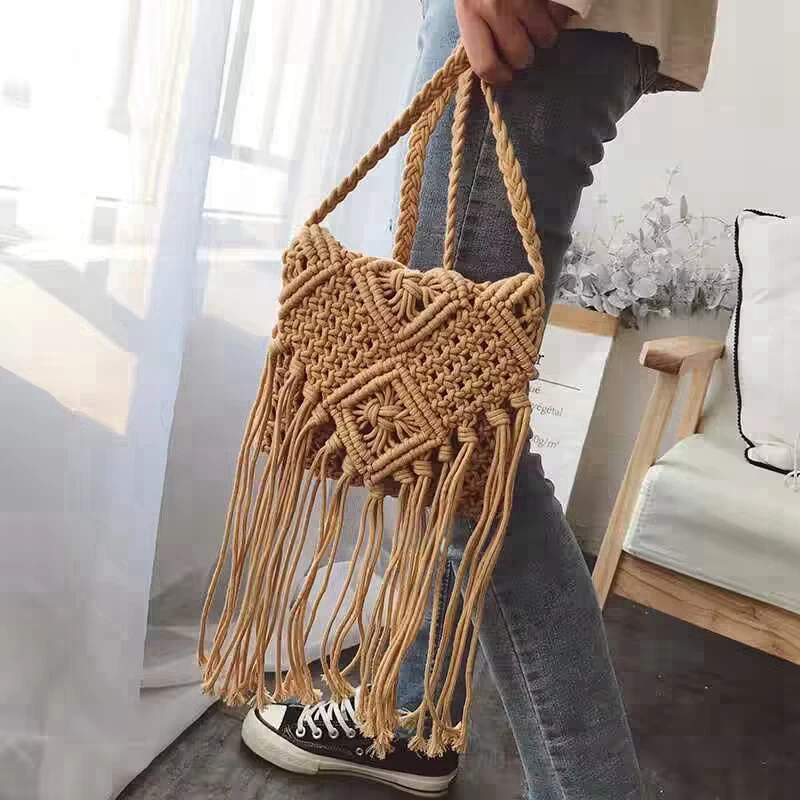 Fashionable Flap Woven One Shoulder Crossbody Bag long Tassel small square bag Summer Zipper Beach Bag