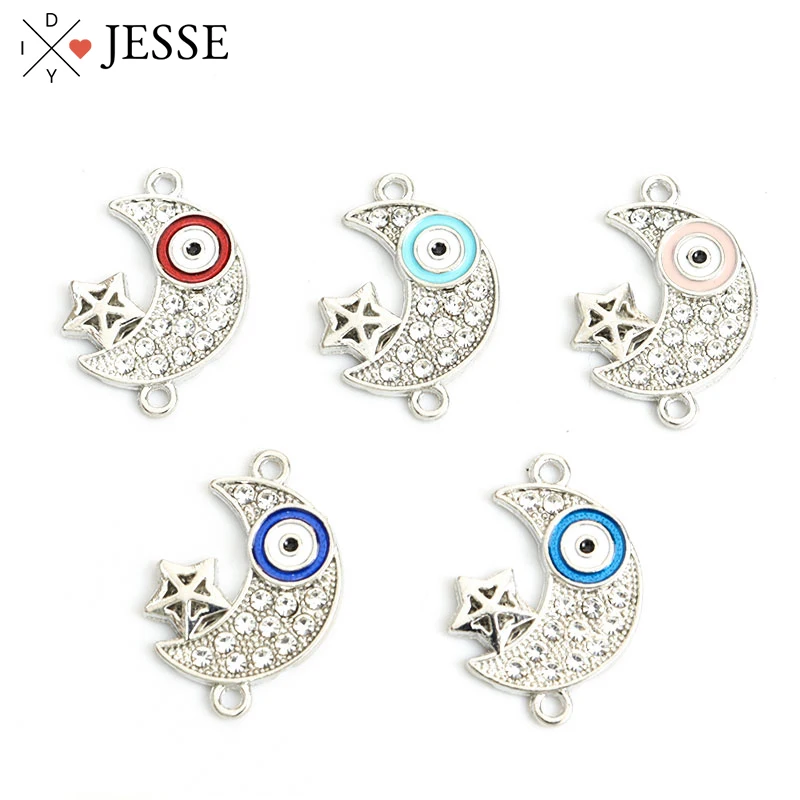 

10pcs Turkish Evil Eye Moon Star Inlaid Rhinestone Crystal Enamel Charms Connectors Lucky Jewelry Finding DIY Bracelet Accessory
