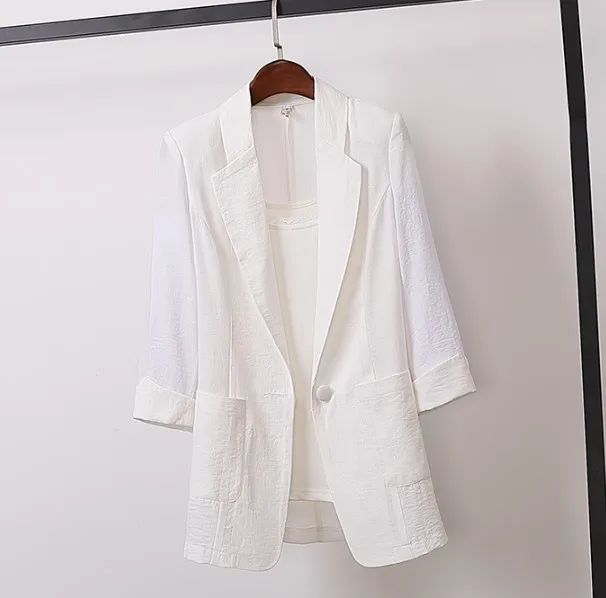 V-neck Black White Black Women Blazer 2022 New Thin Summer Blazers Lady Office 1/2 Sleeve Sheer Suit Jackets Coat Loose Tops