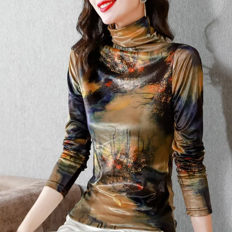 

#8245 Autumn Winter Turtleneck Velvet T Shirt Women Slim Vintage Tie Dye Print T-Shirt Femme Slim Sexy Short T Shirt Femme Retro