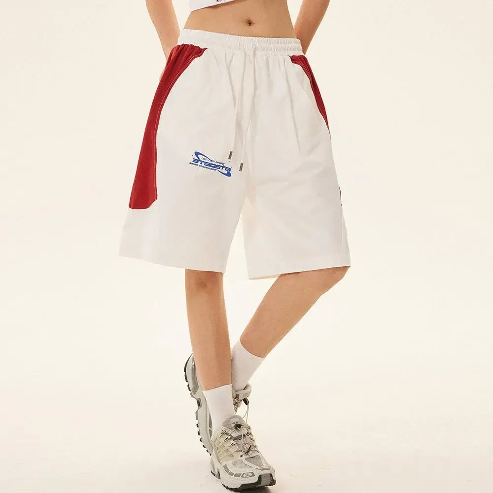 Color Block Sports Shorts Men's Summer Casual Loose Straight Five-Point Pants American Trend Lettering Fit Comfortable