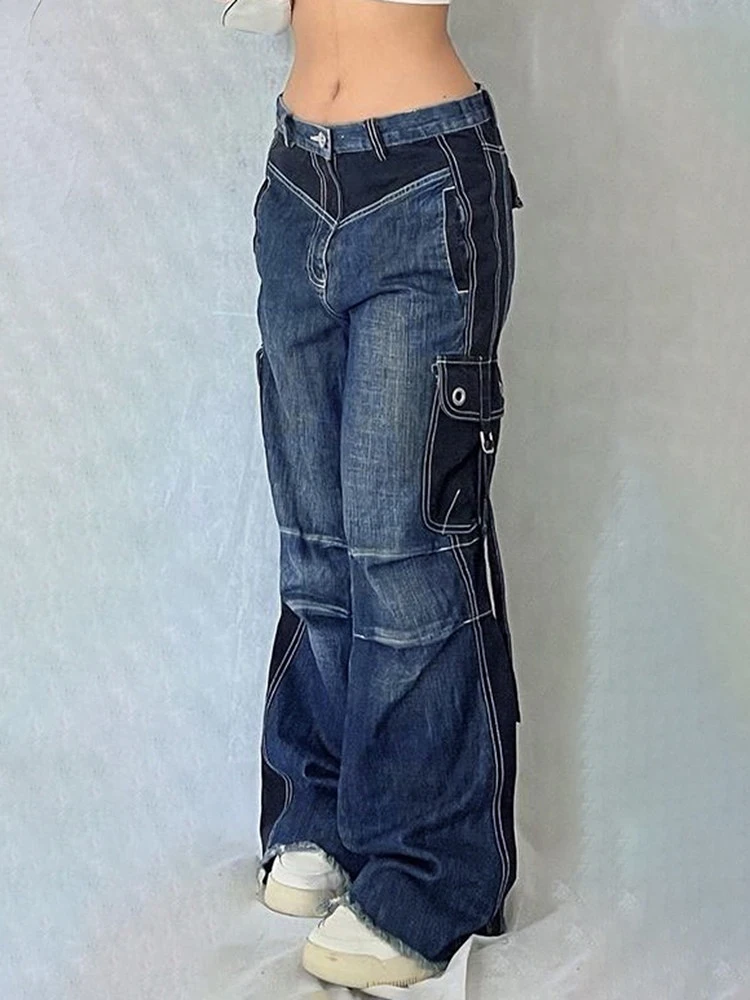 

Джинсы-карго женские с карманами, контрастные брюки из денима в стиле пэчворк, мешковатые джинсы с заниженной талией и широкими штанинами, уличная одежда в американском ретро стиле, синие