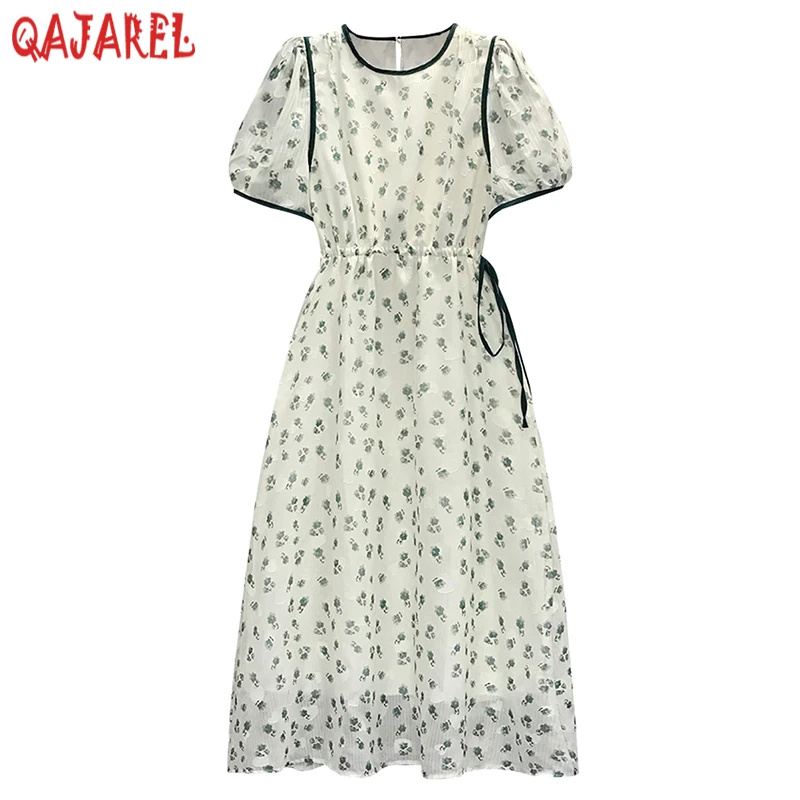 

Women White Floral Chffon Fashion Light Midi Dress Summer Boho Short Sleeve Elegant Beach Dress 2022 Korean Bodycon Casual Dress