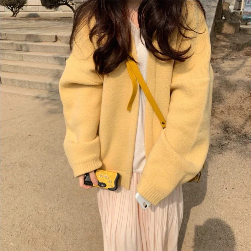 

Cardigan Women Yellow Solid Knit Sweater Simple Chic Casual Loose Student Outerwear Pull Femme Top Korean Fashion Vintage Clothe