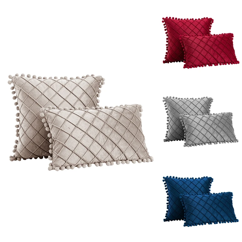 

2 Packs Throw Pillow Covers With Pom-Poms Soft Velvet Plaid Lumbar Cushion Cases Set For Living Room/Couch/Bed Decor