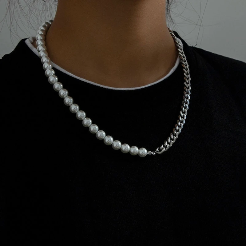 

New Hip-Hop Cuban Chain Necklace Exquisite Punk Style Pearl Beaded Necklace Men's And Women's Jewelry Best Gifts