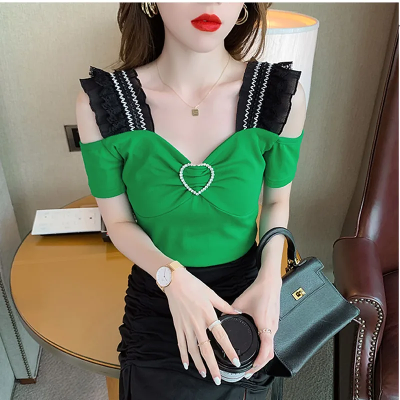 #5105 летняя черная зеленая Сексуальная футболка с открытыми плечами женская