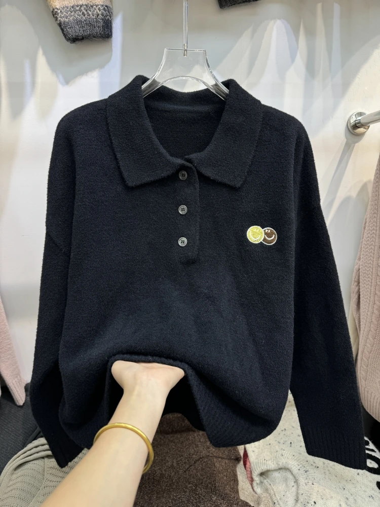 Smiley Embroidered Polo Collar Loose Idle Sle Short Mink Cashmere Sweater Women's Coat Autumn and Winter New Korean Fashion...