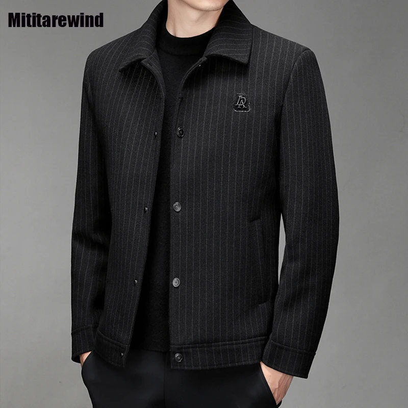 

Мужская приталенная куртка, повседневная шерстяная куртка в полоску, с воротником с лацканами, деловой стиль, корейская мода, теплая верхняя одежда для осени и зимы