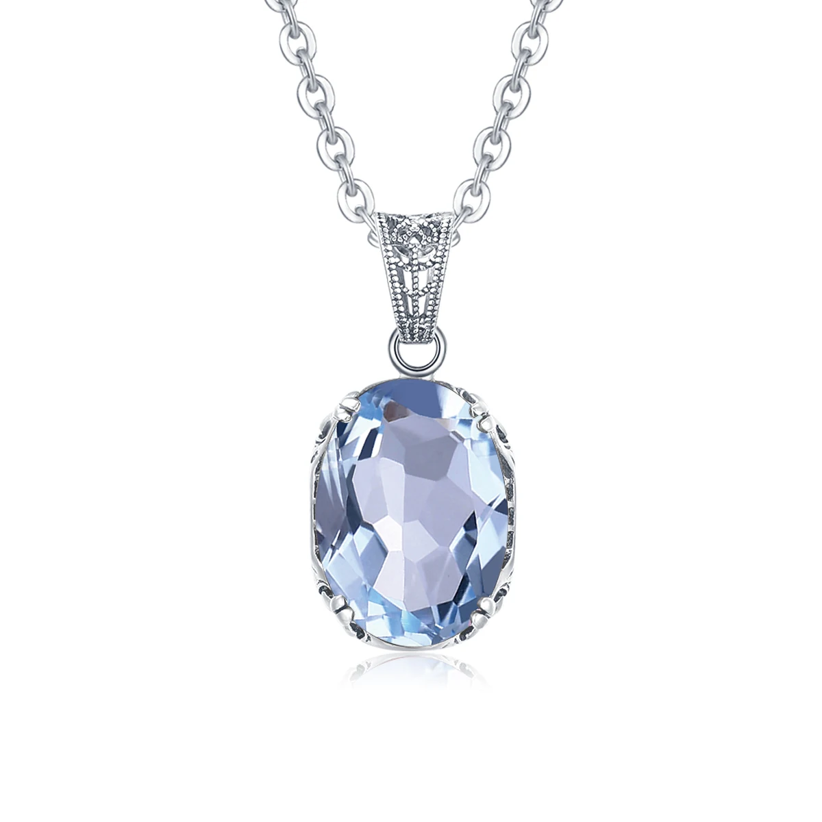 

Unique 925 Sterling Silver Necklace Aquamarine Gemstone Pendant Necklaces with Chain for Women Vintage Floral Swan Filigree