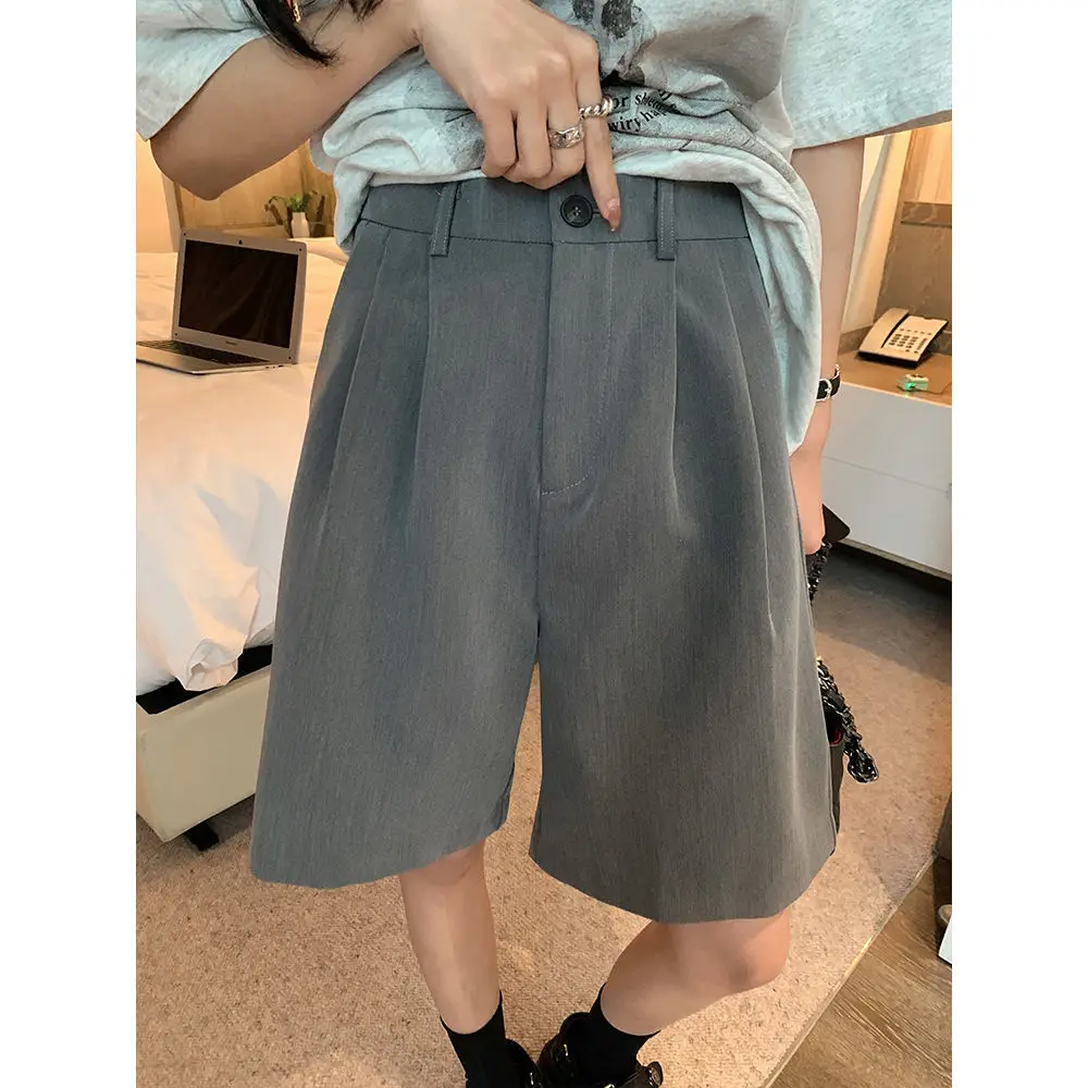 Korea Summer Women Wide Leg Suit Shorts Office Lady High Waist Khaki Shorts Oversize Loose Button Black Classic Casual Shorts
