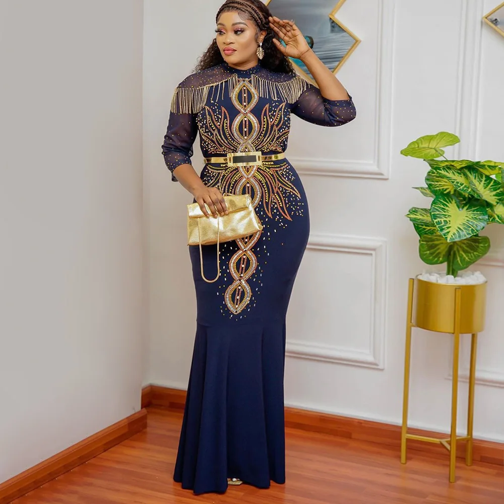 MD Plus Size Dresses African Women Dashiki Outfits Luxury Crystal Tassel Evening Gown Elegant Ladies Mermaid Dress Kaftan Robes