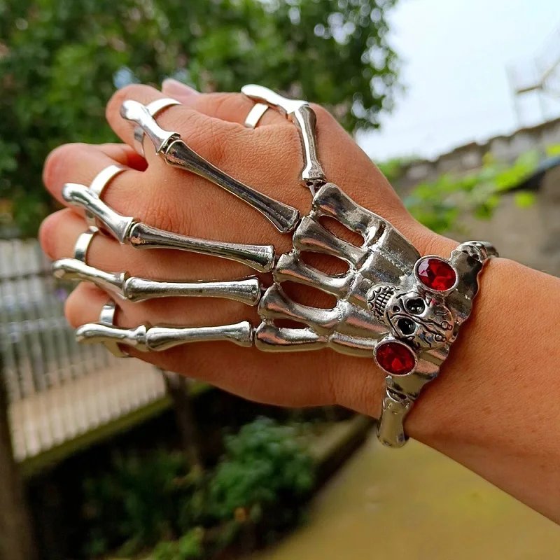 

Big Size Rock Punk Hand Skeleton Bracelet For Men Women Gothic Steampunk Skull Vintage Bangles Bracelet Goth Accessories