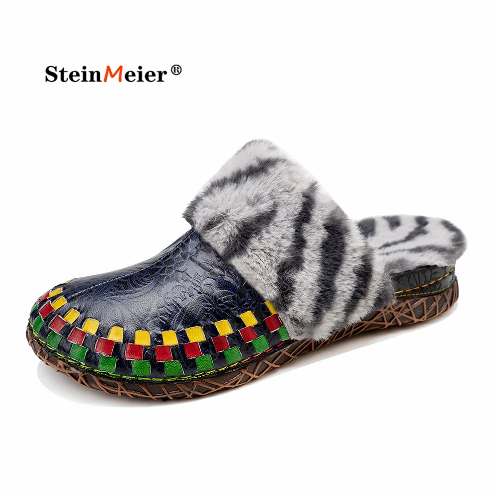

Women Flat 2022 Genuine Leather Slippers Round Toe Slip On Penny Loafers Flats Platform Fur Ladies Winter Gladiator Shoes