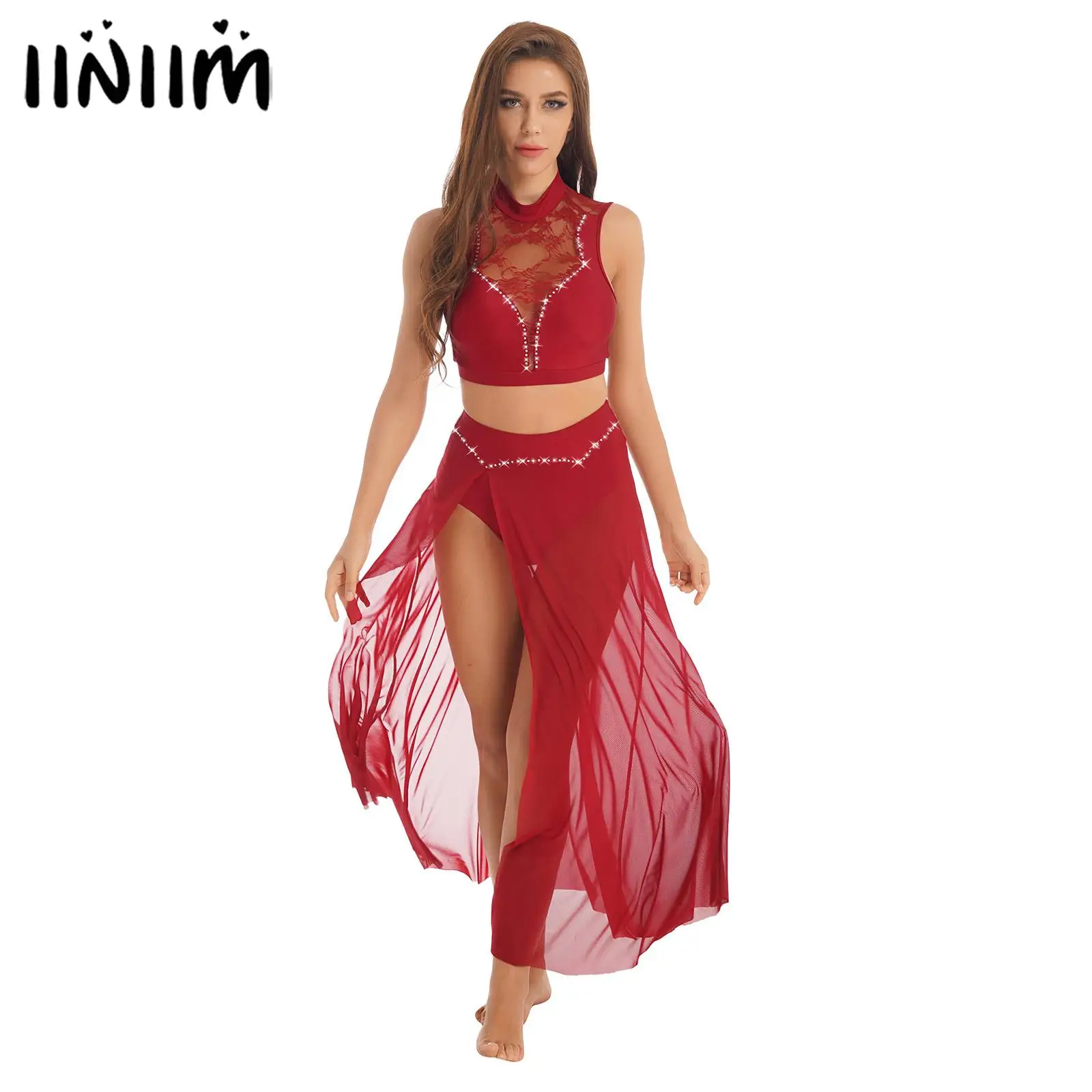 

Womens Rhinestone Ballet Modern Dance Outfit Floral Lace Patchwork Mock Neck Sleeveless Crop Top with Split Mesh Skirt Dancewear