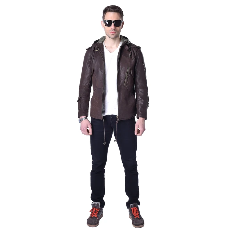 Мужская кожаная куртка с капюшоном Повседневная приталенная из натуральной