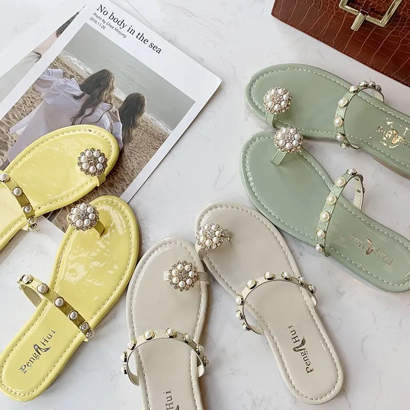 

Summer Pearl Slippers Women's Open-toed Outer Wear Beach Vacation Fairy Flat Flip Flops Rhinestone Sandals Women Shoes