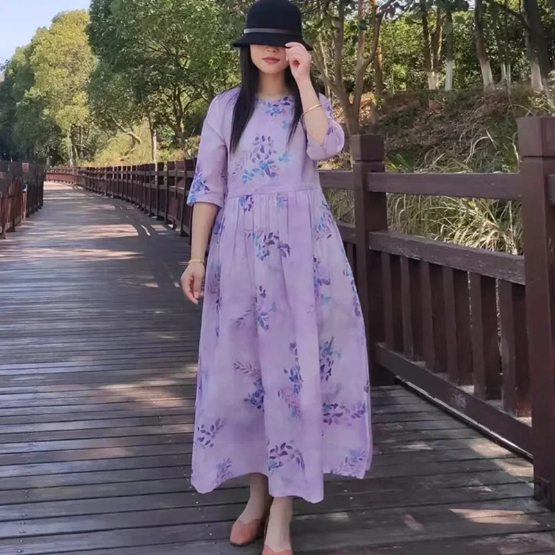 Женское дышащее платье из натуральной ткани рами длинное летнее с цифровым