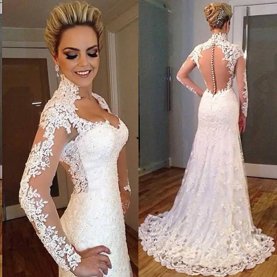 

High Neck Appliqued Lace Customized Mermaid Bridal Gowns Sweep Train Long Sleeve Illsion Back Wedding dresses with Buttons