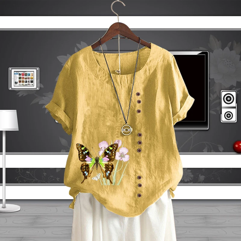 

Женский льняной пуловер с коротким рукавом, Повседневная Свободная футболка с круглым вырезом и принтом бабочек и цветов на лето