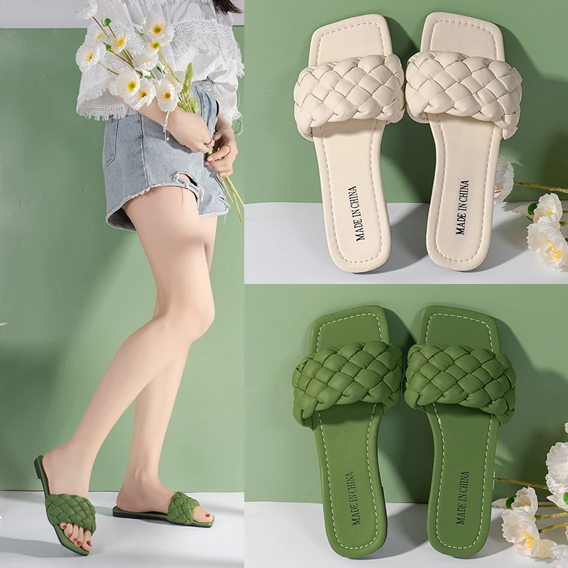 Summer Slippers For Women Weave Flat Beach Slippers Women Flip Flops 2023 New Trend Green Beige Soft Non-Slip Outdoor Shoes