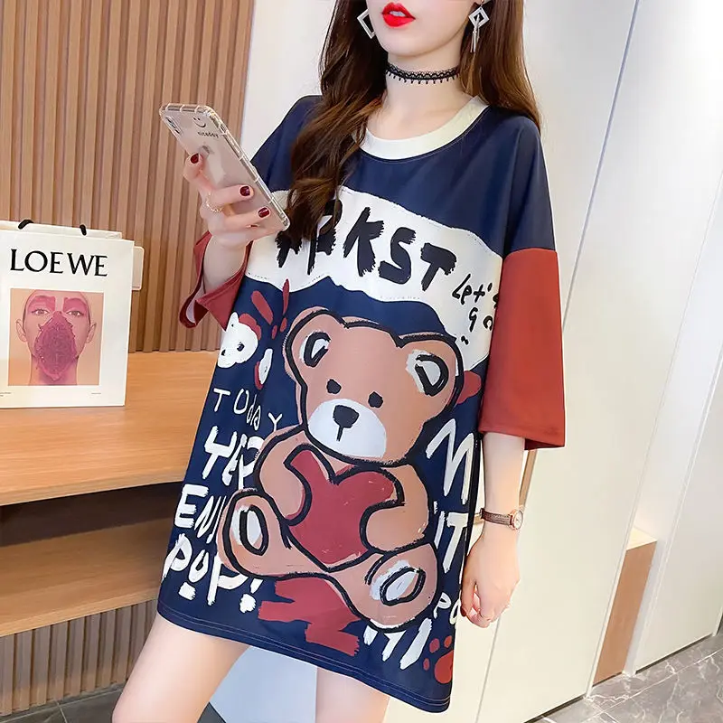 

Футболка женская с принтом медведя, топ с коротким рукавом, рубашка в Корейском стиле, большие размеры, на лето