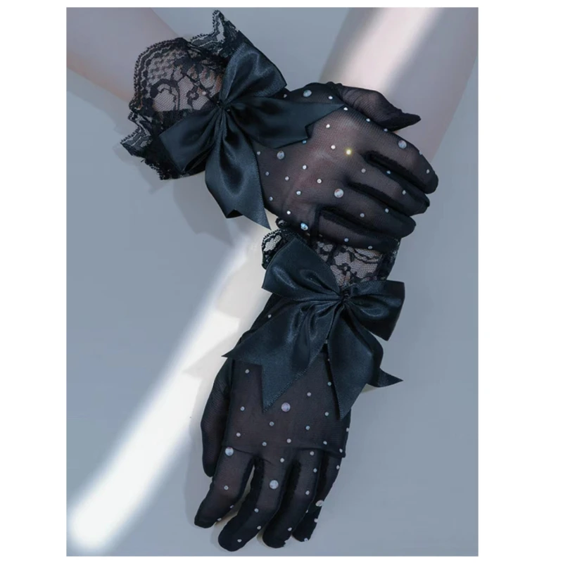 

Перчатки сетчатые со сверкающими кружевами и бантом, 1 пара, Короткие Прозрачные тюлевые варежки с полными пальцами для невесты, свадьбы, Хэ...