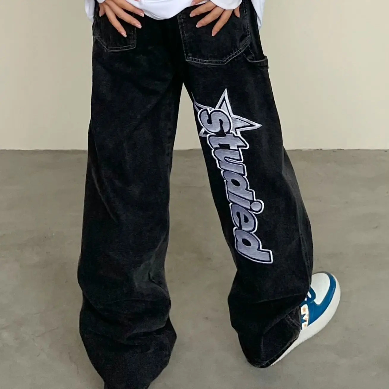Retro Letter Print Straight Loose Jeans For Men Wide Leg Pants Oversize Y2k Streetwear Casual Trousers Jean Baggy High Street