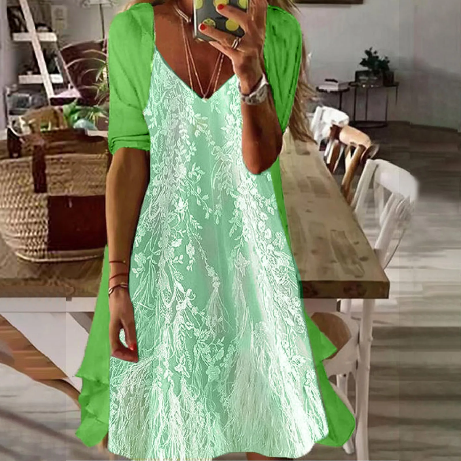 

Women Vintage Floral Sleeveless Knee Length Dress 2 Piece Set Womens Chiffon Beach Big Sleeve Dresses for Women Casual Summer